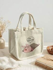 1pc Cartoon Animal Print Corduroy Tote Bag, Snap Button Closure Cute Handbag, Reusable Lunch Tote Bag For Student School Daily Outdoor Shopping Use - Multicolor - View 12