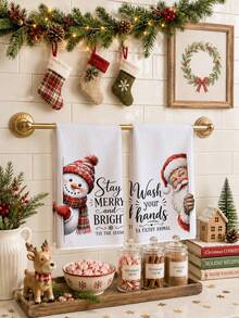 Funny Snowman & Santa Claus With Text Pattern Kitchen Towel 2 Pieces Set, 40*60cm Soft Microfiber Material, Suitable For Home Kitchen Restaurant Outdoor Camping Tabletop Cleaning Dish Cloth Hand Towel Accessories, Humorous Christmas Theme Holiday Gift - Multicolor - View 5