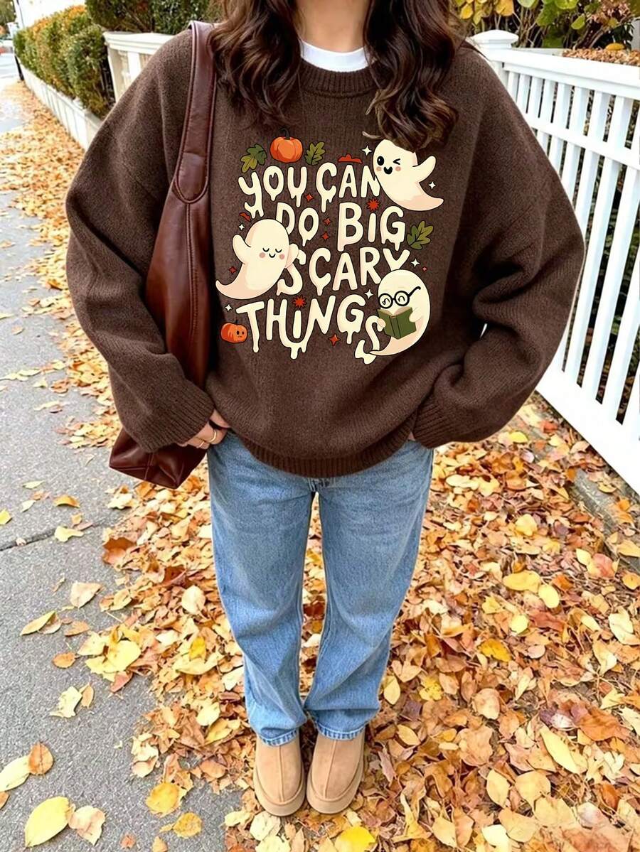 This Women's Vintage Distressed Wool Sweater Is Perfect For Mischief. The Cute Ghost And Pumpkin Print Is Ideal For Autumn And Winter Wear.