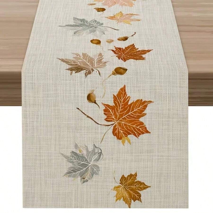 1pc Line Branch & Maple Leaf Table Runner, Bohemian Style, Printed Polyester, Suitable For Kitchen And Home, 1pc/Pack, Autumn, Perfect For Dinner Parties, Vacation Homes And Daily Decor - Multicolor - View 1