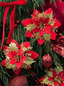 15 bộ hoa giả Poinsettia Giáng Sinh lấp lánh, hoa cây thông Noel 5.7 inch kèm kẹp, phù hợp trang trí vòng hoa, trang trí Giáng Sinh, trang trí cây thông Noel, đám cưới, tiệc tùng, trang trí nhà cửa - Đỏ - Xem 5