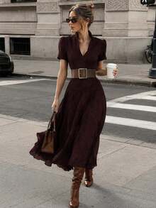 Printed Lapel Women's Dress, Summer Vintage Elegant Commute Puff Sleeve A-Line Midi Dress - Burgundy - View 1