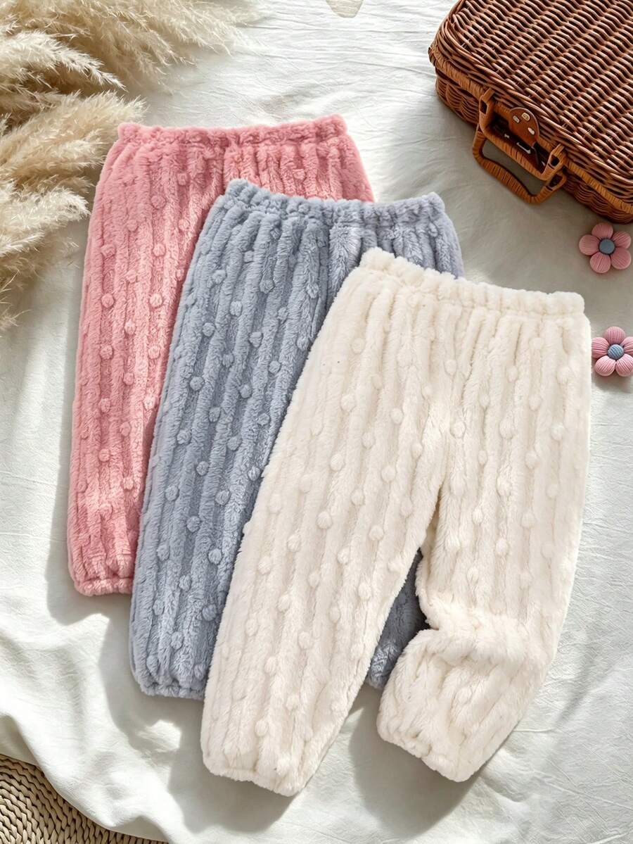 3pcs/Set Young Girls Jacquard Plush Long Pants, Autumn/Winter Elastic Waist Loose Thickened Cuffed Leg Fluffy Trousers For Outdoor Wear - Multicolor - View 1