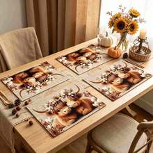 1/4/6pcs Autumn Series Floral Wreath Highland Cow Couple Pattern Printed Placemats, Heat Resistant Table Mats For Home Kitchen/Dining Table Protection, Kitchen Table Party Decor - Multicolor - View 3
