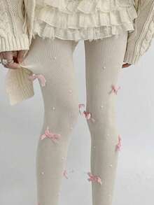 Velvet Bow Sheer Tights, Versatile JK Style Cute Sweet Lolita Pearl Leggings, Ballet Style Pure White Vertical Striped Slim Fit Tight Pants - Multicolor - View 9