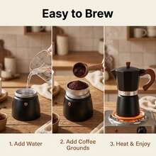6-Cup Capacity Aluminum Moka Pot, Fast Extraction, Wood-Grain Plastic Handle, Compact And Portable, Suitable For Camping And Home Use. - Black - View 5