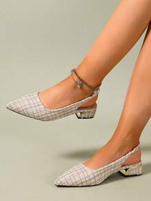 Sandal Wanita Gaya Prancis Vintage Baru Motif Kotak-kotak Ujung Lancip Slingback Hak Tebal Rendah Bagian Depan Rendah Tanpa Bagian Belakang untuk Perjalanan ke Kantor - Aprikot - View 5