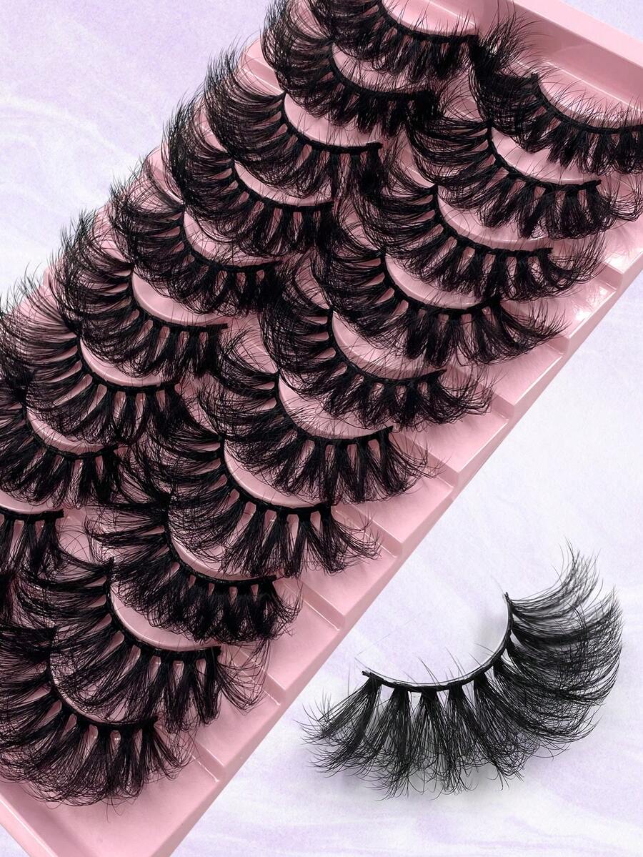 ENCHUW 10 Pairs 25mm Lashes Dramatic 6D Lashes Fluffy Volume Eyelashes Thick Crossed Lashes Long Faux Fluffy Lashes - Black - View 1