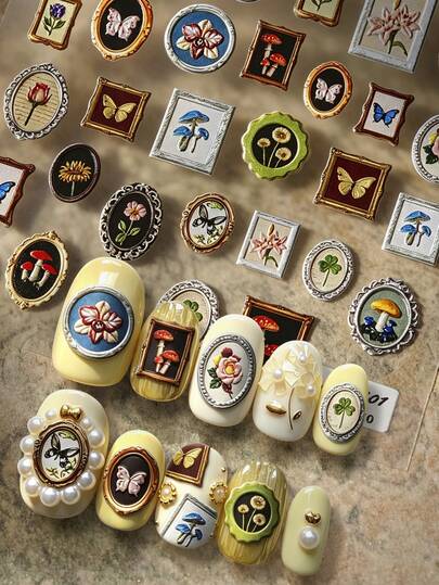 Beautizon Nailartlab Embossed Vintage Oil Painting Frame Nail Stickers, Plant & Flower Self-Adhesive Waterproof Nail Art Decor, Nail Art Supplies, Nail Art Accessories, Suitable For Women And Girls DIY Nail Decoration