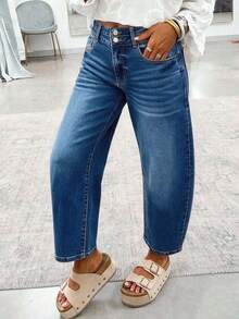 Light Blue Washed Double Side Cargo Pockets Semi-Elastic Waist Cropped Straight Leg Cargo Denim Jeans - Blue - View 2