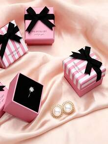 Cardboard Jewelry Gift Box | Pink Square Gift Box With White Stripes, Suitable For Rings, Badges, Brooches, Earrings Display - Multicolor - View 2
