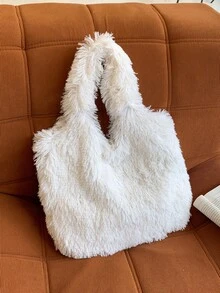 Autumn/Winter New Solid Color Long Fur Vest Style Tote Bag, Soft & Lightweight Plush Handbag, Fashion Casual Underarm Large Capacity Shoulder Bag For Women's Daily Use - White - View 3