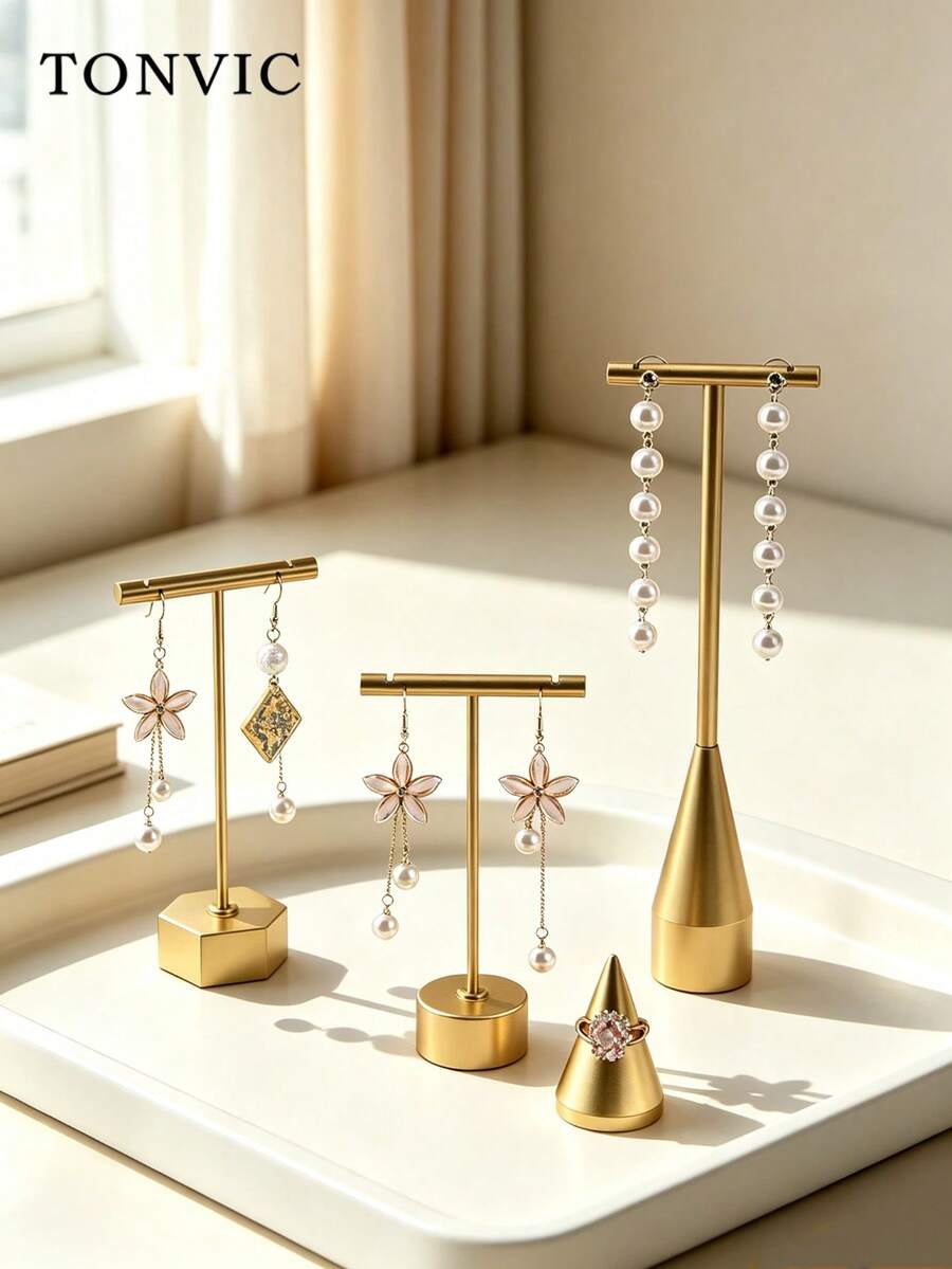 TONVIC 1PC Gold Vintage Jewelry Necklace Earring Storage Rack Elegant Home French Retro High-End Jewelry Pearl Earring Ring Display Stand Suitable For Wedding Valentine's Day Birthday Party Jewelry Rack Photo Prop - Gold - View 1