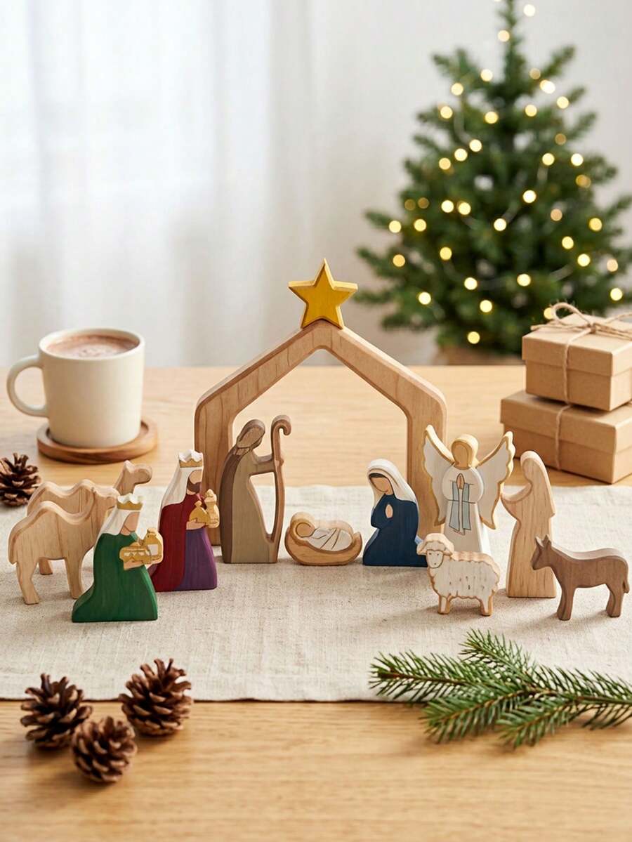 Wooden Christmas Miniature Figurines, Minimalist Bohemian Style Desktop Christmas Nativity Scene Decoration, Suitable For Indoor Home, Fireplace Mantel, Tray Decor, Dining Table, Bookshelf, Office