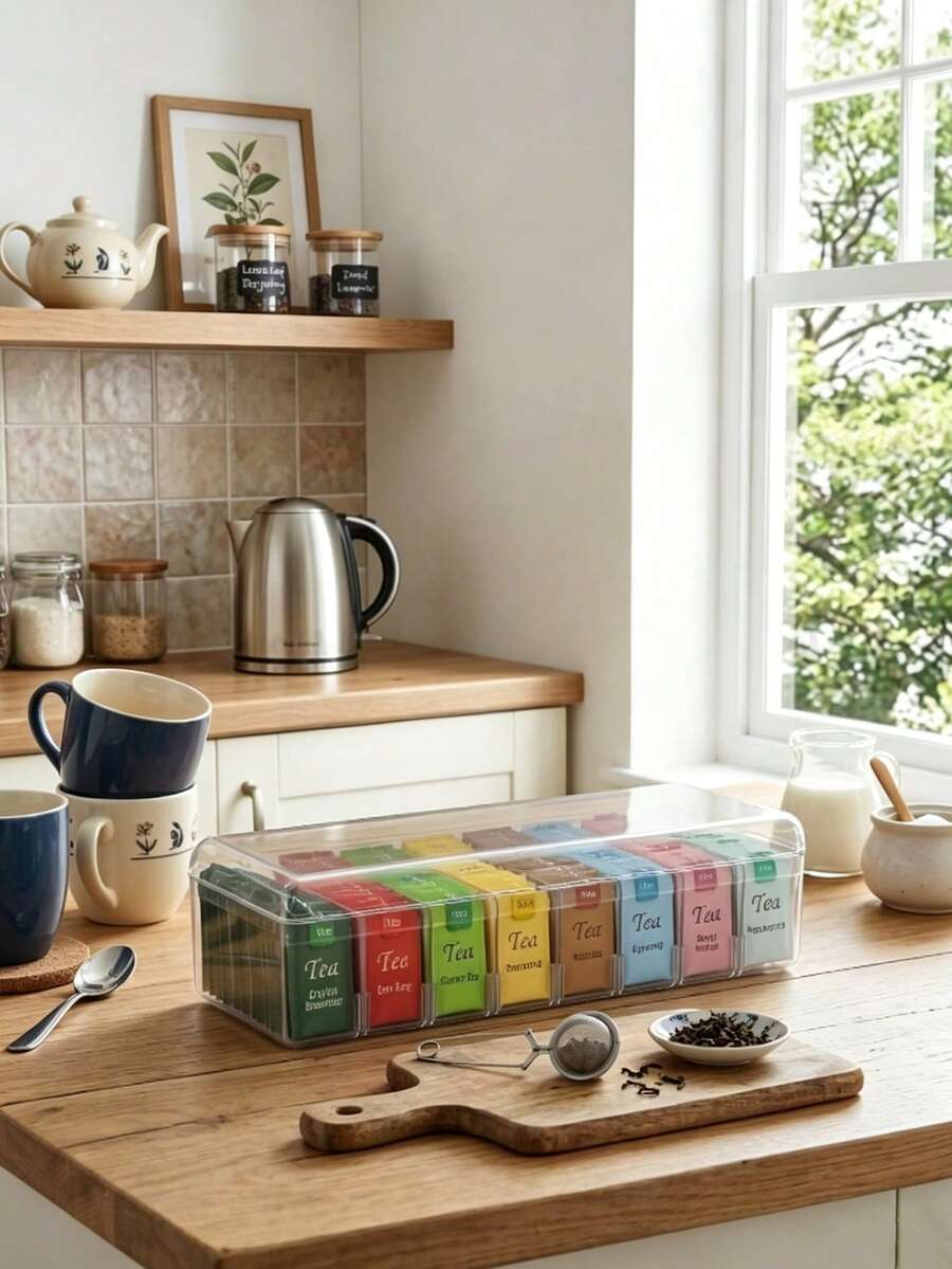 1 buah Rak Penyimpanan Kantong Teh Akrilik Bening 8 Slot, Organizer Kapsul Kopi & Permen Multifungsi, Stand Display Kosmetik & Lain-lain yang Dapat Dilepas, Rak Bumbu Dapur yang Dapat Dipasang di Dinding atau Diletakkan di Meja, Organizer Kabinet - Clear - View 1