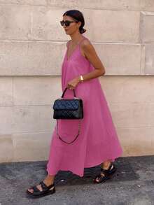 Vestido minimalista de unicolor con tirantes finos, elegante y casual, adecuado para fiestas de verano - Rosa Fucsia - Ver 2
