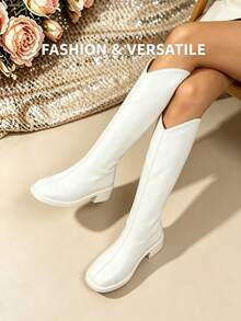 Women's V-Cut Pointed Toe Low Heel White Tall Boots, Back Zipper Riding Boots, Korean Style Elegant Slimming High Boots For Autumn/Winter - White - View 1