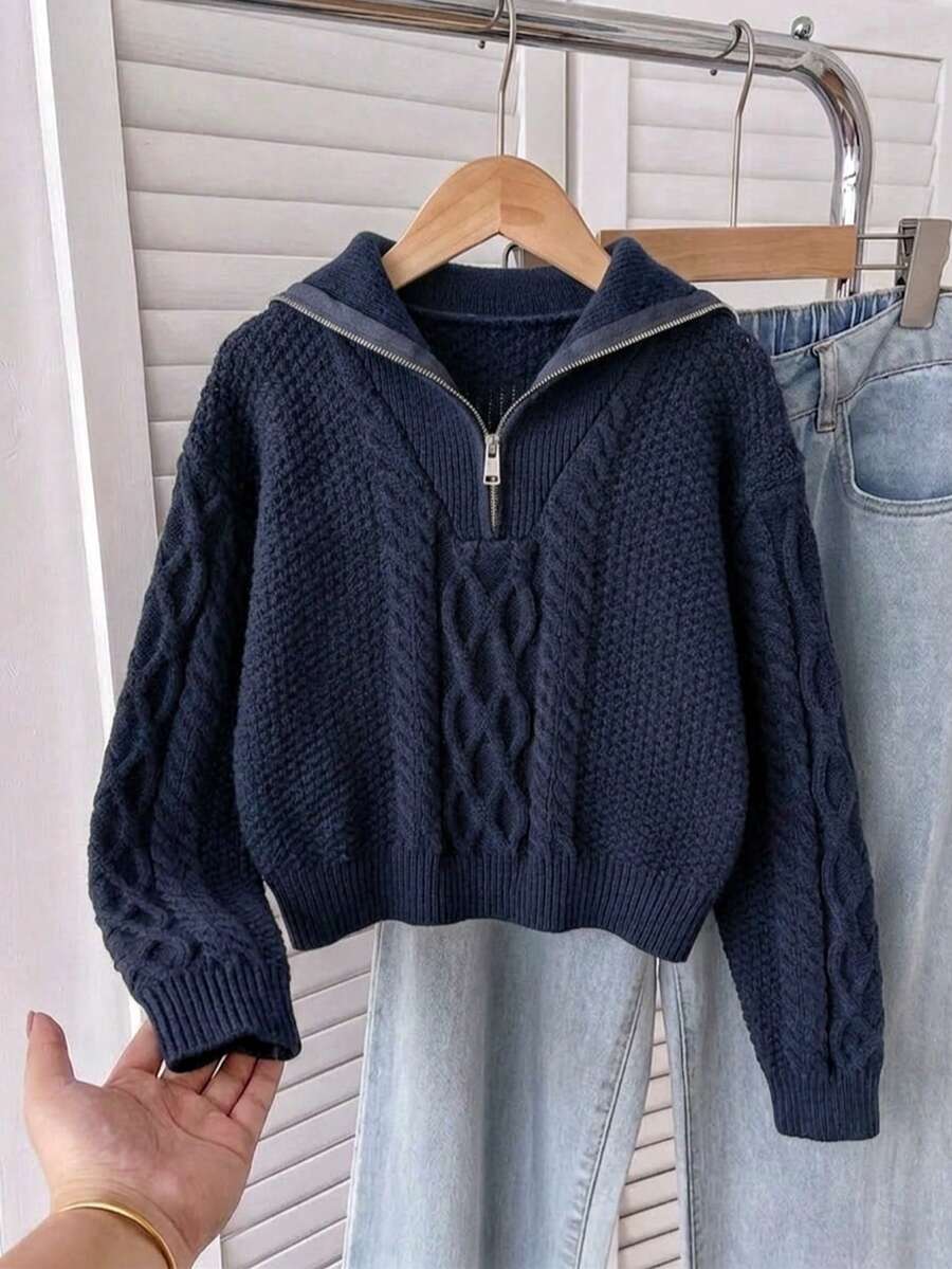 Tween Girls' European Style Solid Color Cable Knit Half-Zip Short Sweater, Pullover Long Sleeve Knit Top, Suitable For Casual Daily Wear In Spring, Autumn And Winter - Navy Blue - View 1