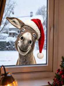 30*30 Christmas Donkey Static Window Sticker, Cute Tilted Head Donkey With Red Christmas Hat Design, Static Material No Glue Needed, Reusable, Suitable For Window, Home Glass Window Decoration, Create Warm And Fun Christmas Atmosphere, Creative Holiday Decoration Sticker For Christmas Home And Shop Scene Arrangement - Multicolor - View 1