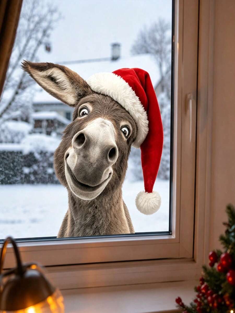 30*30 Christmas Donkey Static Window Sticker, Cute Tilted Head Donkey With Red Christmas Hat Design, Static Material No Glue Needed, Reusable, Suitable For Window, Home Glass Window Decoration, Create Warm And Fun Christmas Atmosphere, Creative Holiday Decoration Sticker For Christmas Home And Shop Scene Arrangement - Multicolor - View 1