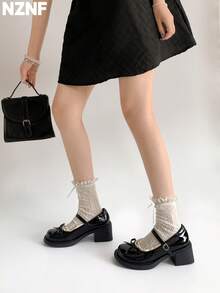 NZNF Sepatu PU Wanita Warna Polos Gaya Akademi dengan Tali Gesper, Sol Tebal dan Hak Tebal, Sepatu untuk Perjalanan Sehari-hari - Hitam - View 9