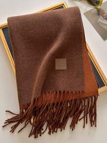 1pc Solid Color Faux Leather Label Tasseled Thick Scarf 65*190cm, Polyester Wool Blend, Fall Winter Shawl For Travel Party Outing, Wear As Scarf Shawl - Multicolor - View 16