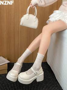 NZNF Women's Solid Color Academy Style PU Shoes With Buckle Strap, Thick Sole And Chunky Heel, Daily Commute Shoes - White - View 10