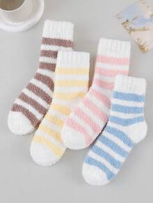 4雙女款秋冬珊瑚絨簡單條紋圖案舒適保暖中筒襪 - 彩色 - 查看 5