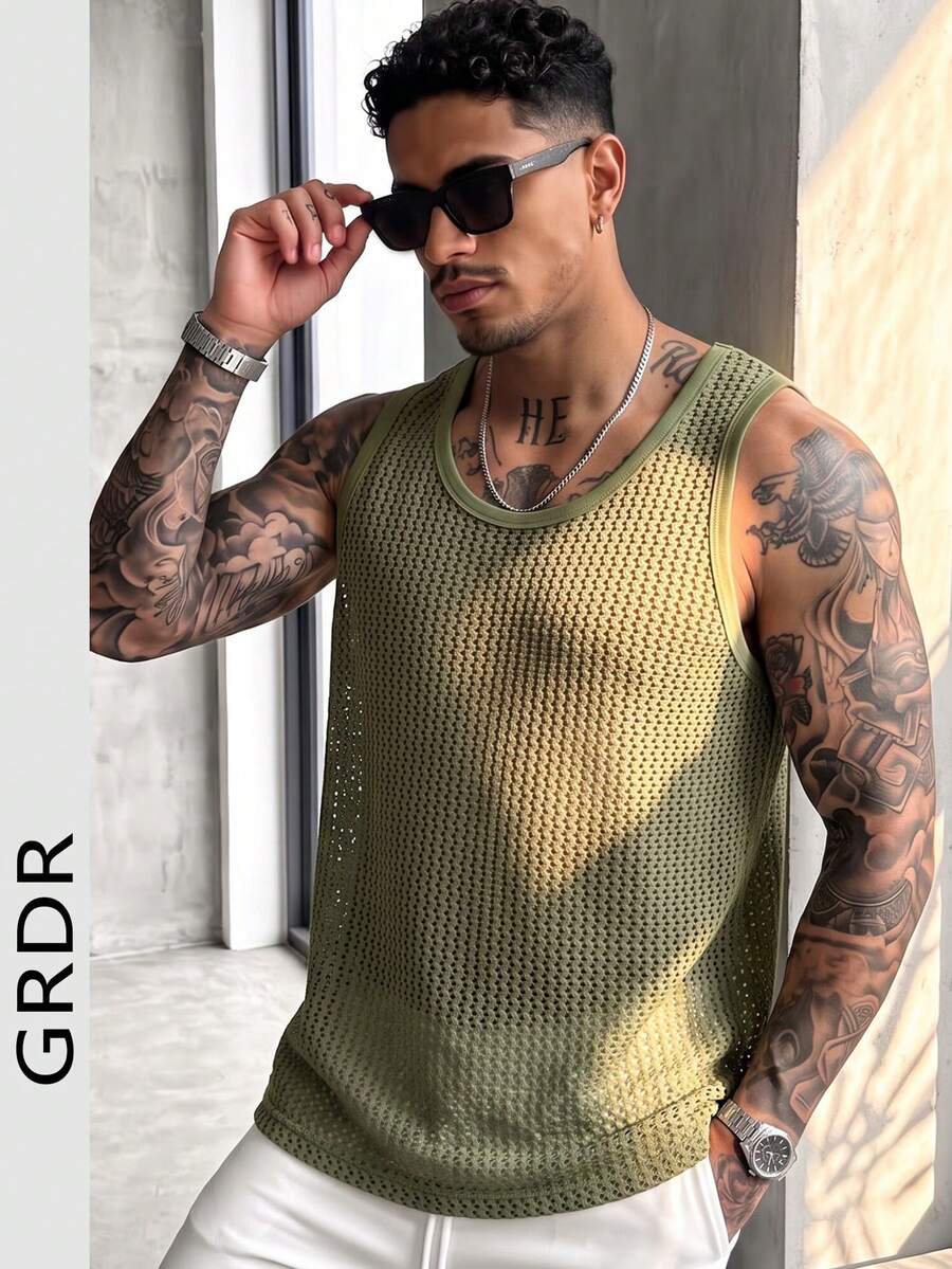 GRDR 男士純色鏤空網眼圓領無袖背心上衣