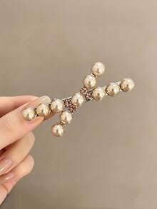 2pcs Women New Fashionable Champagne Pearl Cross Hair Clip, Side Bangs Clip, Diamond Studded Side Clip Hair Accessory - Multicolor - View 4