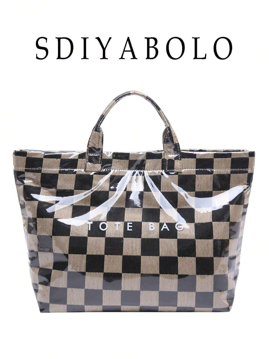 Fashionable College Style Large Capacity Tote Bag - Lightweight PVC And Kraft Paper Material, Hook And Loop Closure, Stylish Choice For Women - Multicolor - View 1