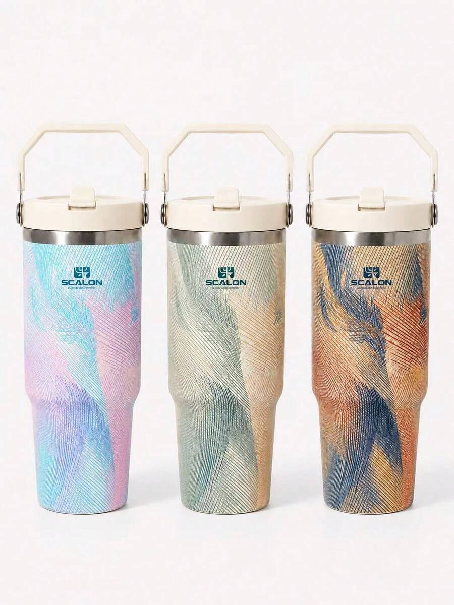 SCALON 30oz/800ML 1PC Colorful Line Pattern Tumbler, Dopamine Color Scheme Large Capacity Water Cup, Long-Lasting Cold & Heat Insulation, Portable Handle Design, Perfect Gift For Girlfriend / Best Friend / Students, Thoughtful Birthday & Holiday Gift, Autumn Travel Essential, Christmas Gift, College Must-Have - Multicolor - View 1