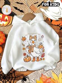 Kids Hooded Sweatshirt, Cute Duck Autumn Leaf Pumpkin Flower Graphic Print Cotton Pullover For Kids - White - View 1
