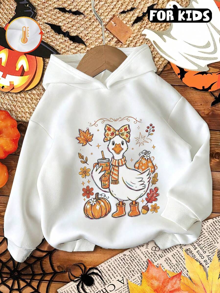 Kids Hooded Sweatshirt, Cute Duck Autumn Leaf Pumpkin Flower Graphic Print Cotton Pullover For Kids - White - View 1