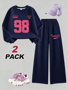 2pcs Set: Girls' College Style Digital Graphic Print Crew Neck Sweatshirt And Printed Casual Wide Leg Pants, Suitable For Autumn/Winter, School, Shopping And Sports - Navy Blue - View 3