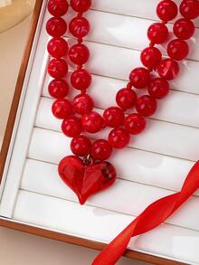 OABE 2pcs/Set Bohemian Style Red Beaded Necklace With Red Heart Pendant, Women's Layered Necklace Set, Suitable For Daily Wear, Holiday/Anniversary Surprise Gift - Red - View 6