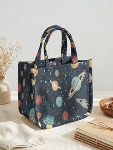 1pc Astronaut Print Corduroy Tote Bag, Snap Button Closure Cute Handbag, Reusable Lunch Tote Bag For Student School Daily Outdoor Shopping Use - Multicolor - View 6