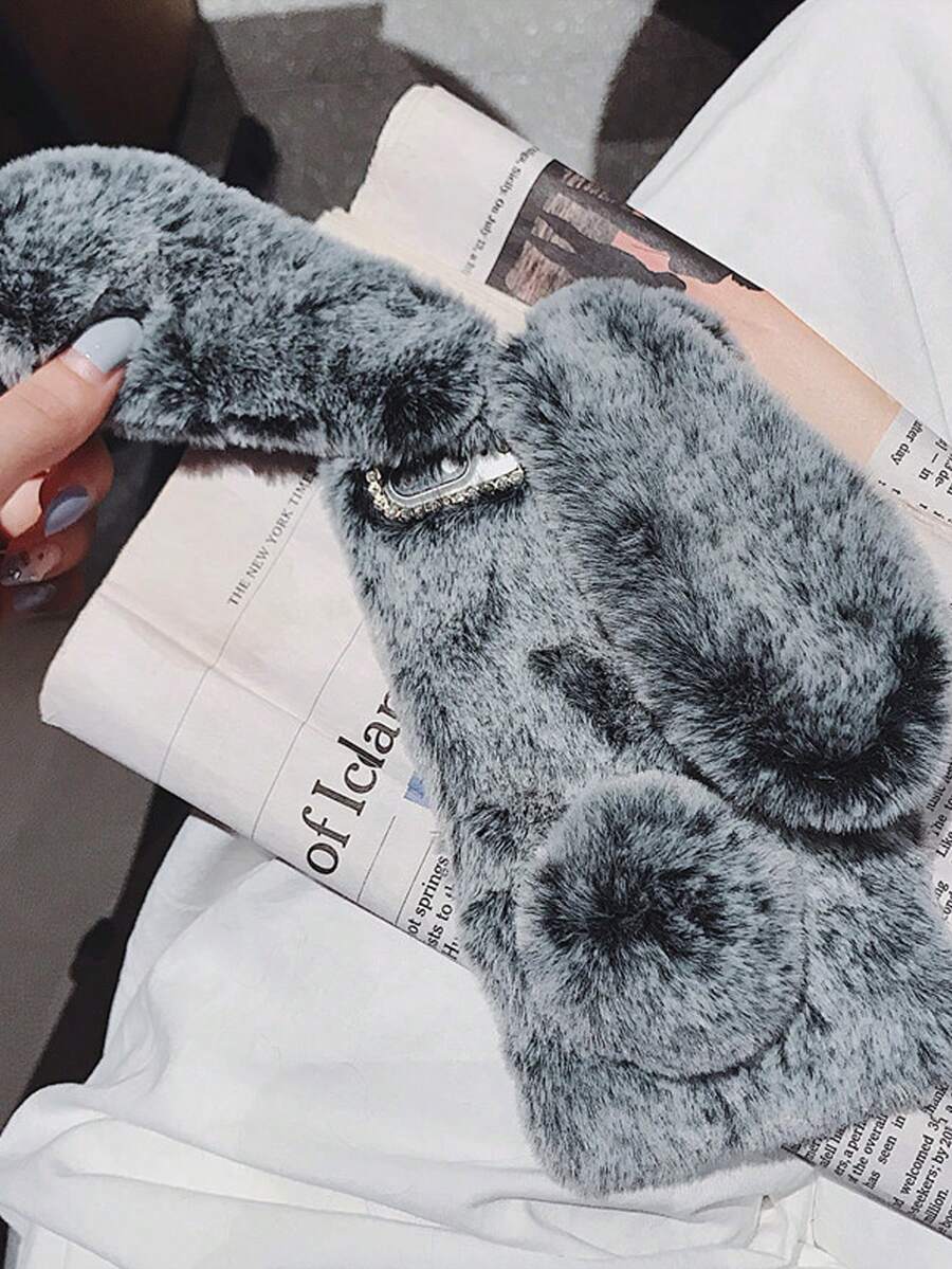 Winter Fashion Cute Plush Rabbit Phone Case Compatible With Iphone, Anti-Drop Warm Silky Soft Touch Furry Phone Shell - Grey - View 1