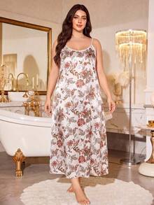 Elegant Vintage Floral Print Plus Size 2-Piece Set, Satin Contrast Trim Buttonless Cardigan + Camisole Dress - Apricot - View 2