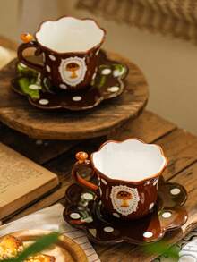 DearDali 1 Set Vintage Polka Dot Mushroom Embossed Ceramic Cup And Saucer Set, Ruffled Coffee Cup, Caramel Style Latte Cup, Retro Tabletop Decor, Cute Highly Attractive Water Cup, Exquisite Afternoon Tea Tableware, Birthday, Valentine's Day Gift, Suitable For Brunch Gatherings - Multicolor - View 9