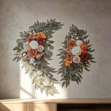 2pcs Set Artificial Floral Wreath (Terracotta Color 2D Flat Printed Non-3D Acrylic Decor, Suitable For Wedding Welcome Sign, Wedding Reception Ceremony Decoration) - Orange - View 2