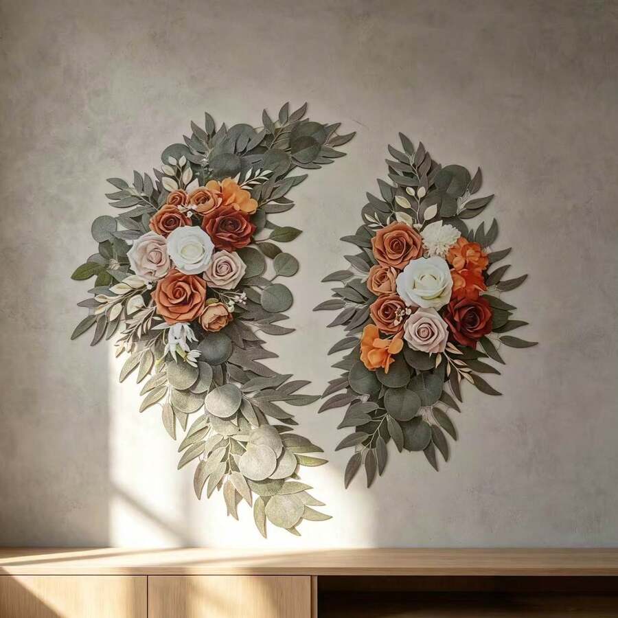 2pcs Set Artificial Floral Wreath (Terracotta Color 2D Flat Printed Non-3D Acrylic Decor, Suitable For Wedding Welcome Sign, Wedding Reception Ceremony Decoration)