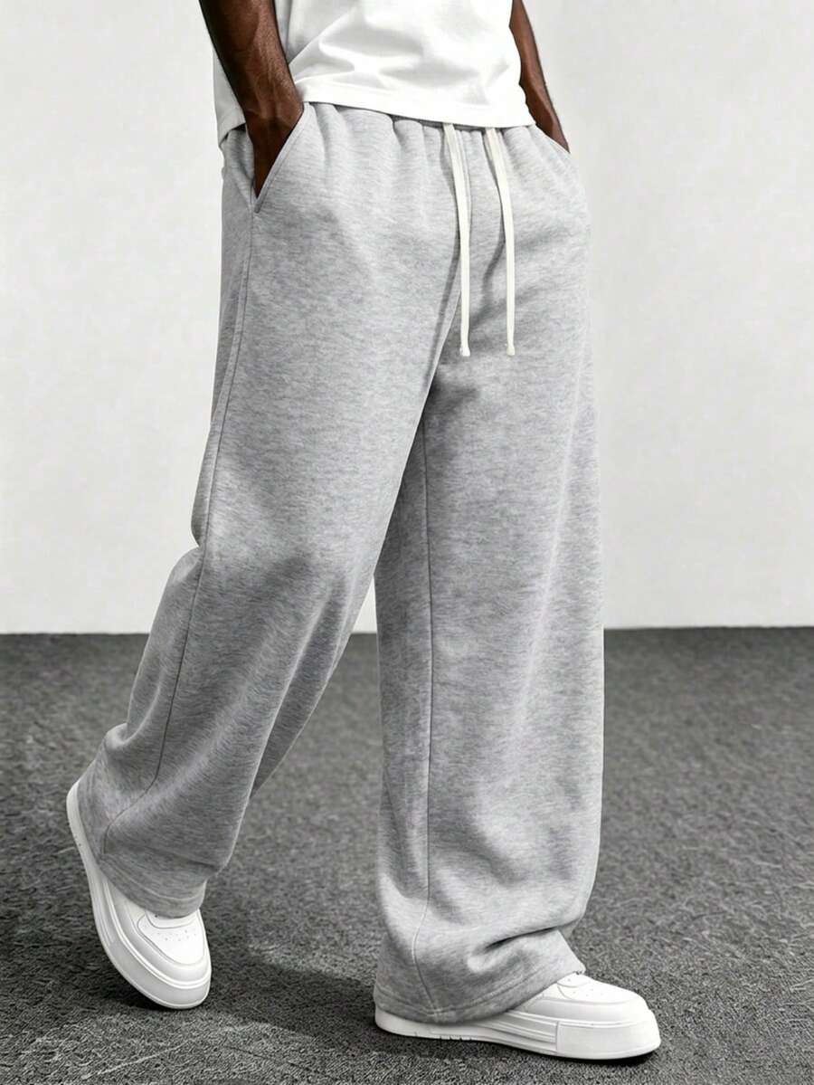 Men's Casual Loose Gray Wide Leg Drawstring Waist Pants, Suitable For All Seasons - Light Grey - View 1