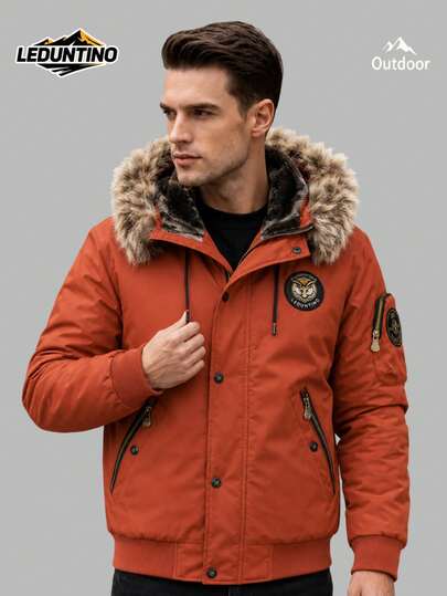 LEDUNTINO Men's Autumn/Winter Fashion Zipper Outdoor Casual Padded Jacket, Detachable Fur Collar, Multi-Pockets, Button Closure, Fleece Lining, Windproof