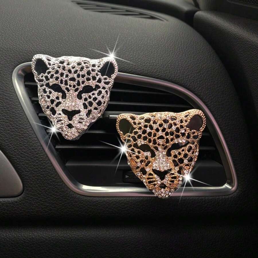 1pc 2 Random Styles Large Car Air Vent Decor Rhinestone Metal Leopard Head Car Air Conditioner Ornament