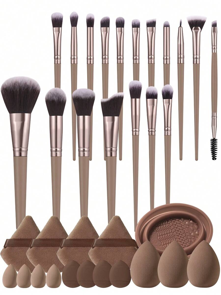 18/34Pcs Complete Cosmetic Tool Kit, 18Pcs Soft Synthetic Makeup Brushes For Face & Eye Makeup,Soft Makeup Sponges & Triangle Powder Puffs, Versatile Makeup Accessories For Foundation,Eyeshadow, Suitable For Daily Makeup Application - Brown - View 1
