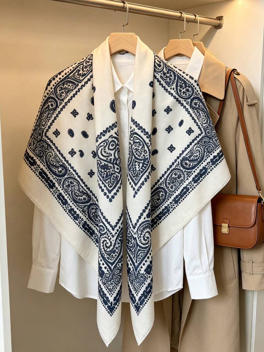 1pc Women's Autumn/Winter Paisley Print Satin Bandana Large Square Scarf, Warm Versatile Wrap Shawl For Daily Wear - Off-white - View 1
