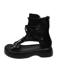 Thick Sole Hollow-Out Roman Sandals, Open Toe High-Top Lace-Up Sandals, Western Style Back Zipper Platform Motorcycle Boots - Black - View 7
