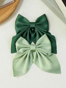 2pcs Green Satin Bow Hair Clips, Large Silk French Hair Clips, Girls Ponytail Hair Accessories, Autumn Style - Multicolor - View 1