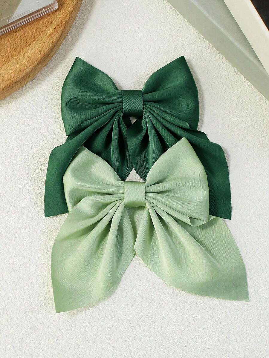 2pcs Green Satin Bow Hair Clips, Large Silk French Hair Clips, Girls Ponytail Hair Accessories, Autumn Style - Multicolor - View 1